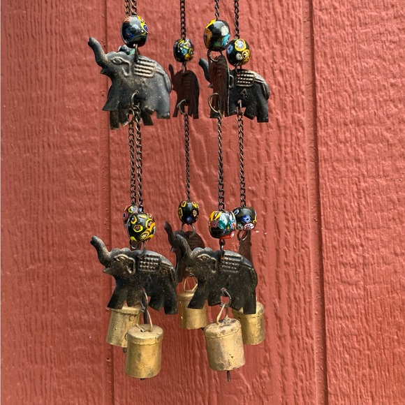 Elephant Boho Wind Chime Mobile w/ Millefiori Porcelain Beads Recycled Cow Bells - Picture 3 of 13